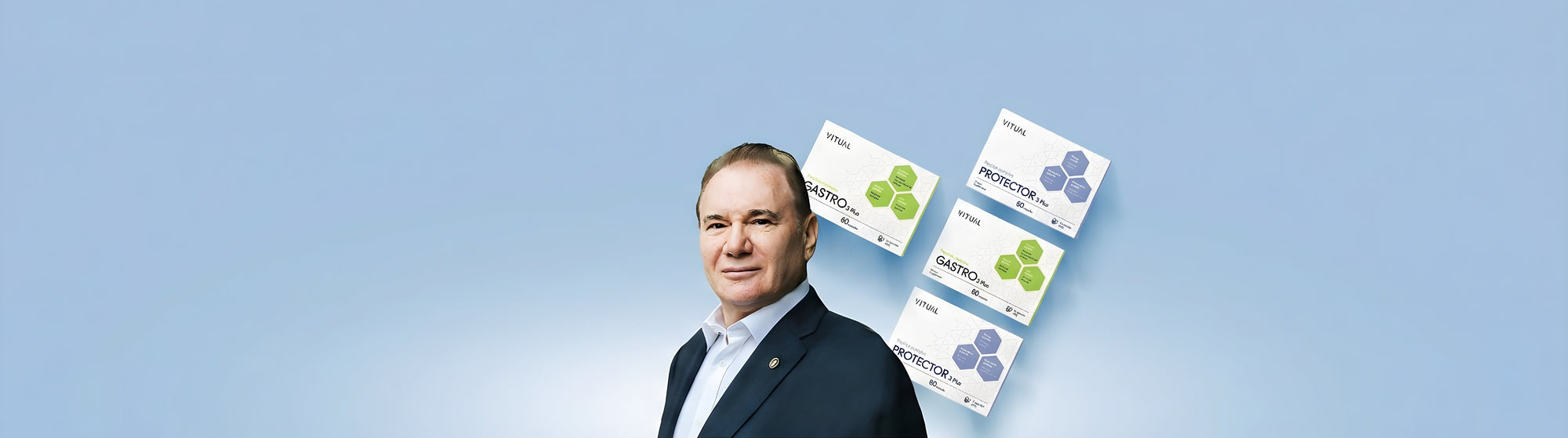 Man in suit with three product packages on a blue background