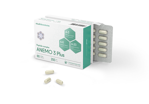 Box of Anemo 3 Plus supplement with capsules on a trasnparent background
