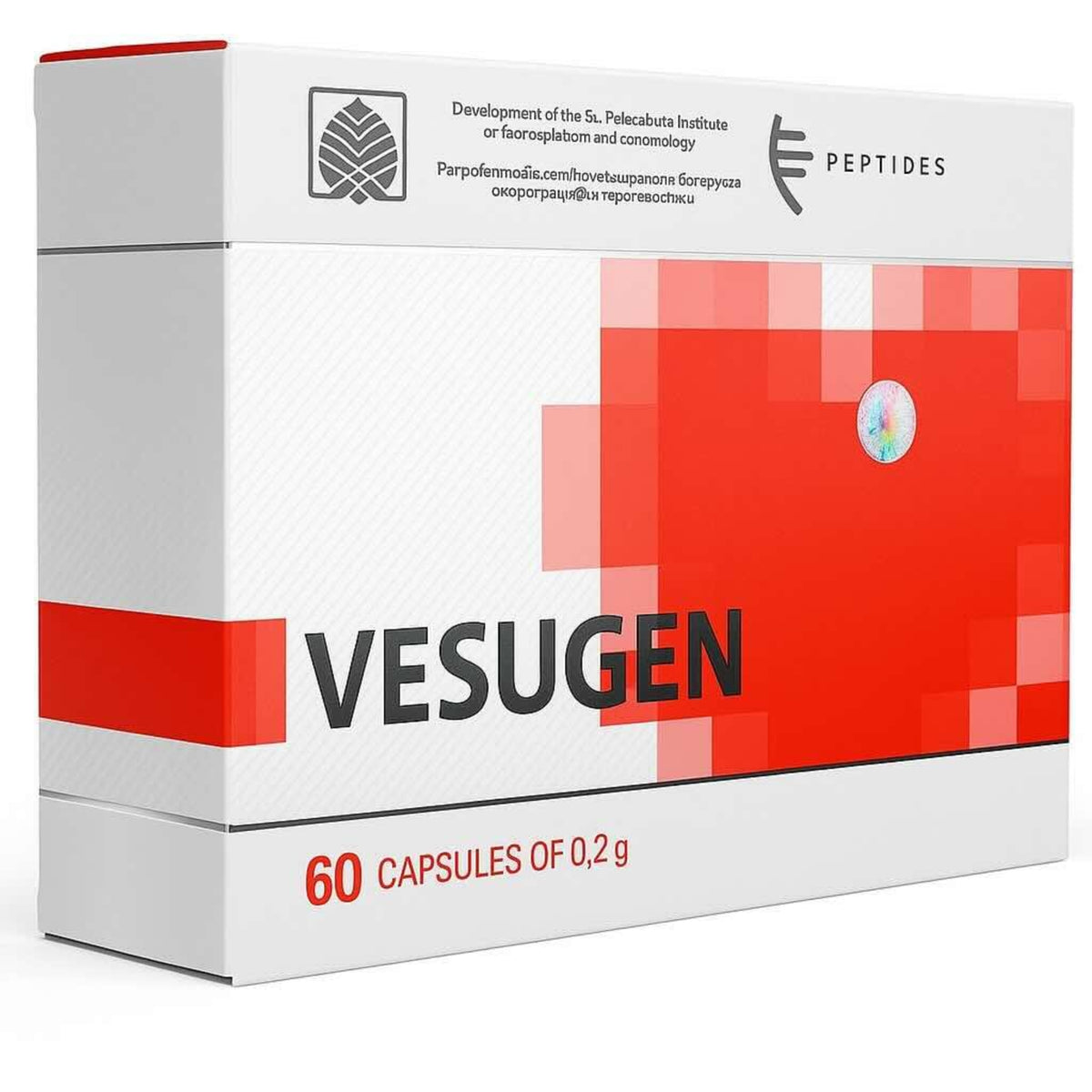 Box of Vesugen capsules with red and white design