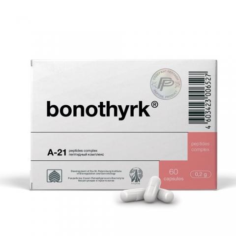 Box of bonothyrk A-21 peptides complex with capsules on a white background