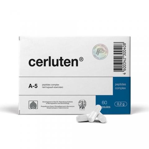 Cerluten A-5 peptides complex packaging with capsules on a white background