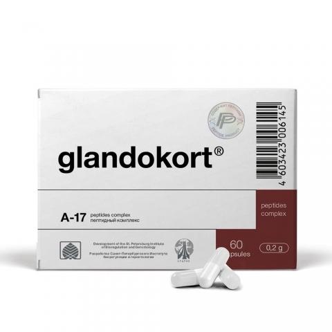 Glandokort packaging with white capsules on a white background