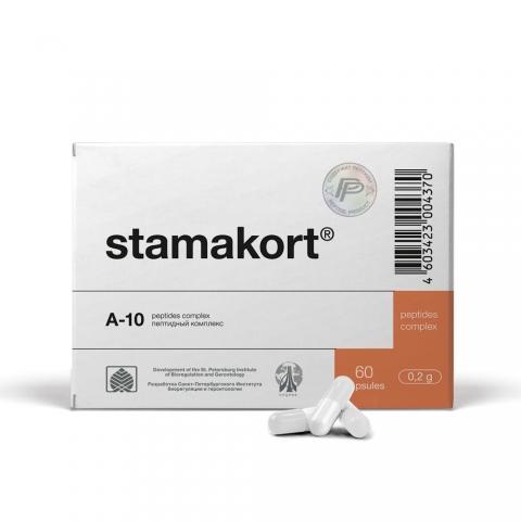 Stamakort packaging with white capsules on a white background