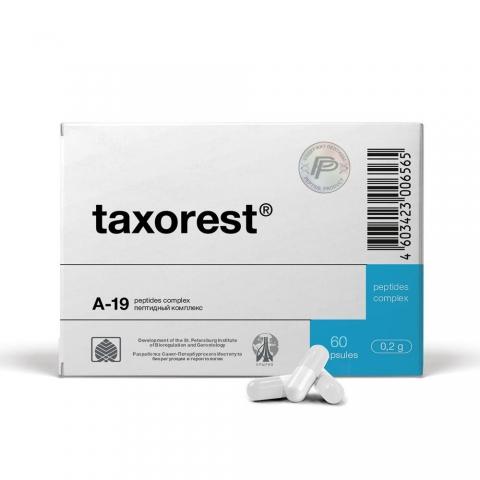 Box of Taxorest A-19 peptides complex with capsules on a white background